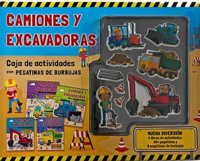 MALETÍN CAMIONES Y EXCAVADORAS: ACTIVIDADES Y PEGATINAS BURBUJAS + 28 KM